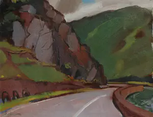 Jentsje Popma - Ingelijste olieverf op paneel: 'bergweggetje' - 1999 kopen? Bied vanaf 825!