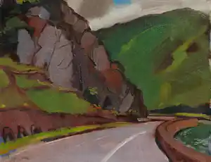 Jentsje Popma - Ingelijste olieverf op paneel: 'bergweggetje' - 1999 kopen? Bied vanaf 825!