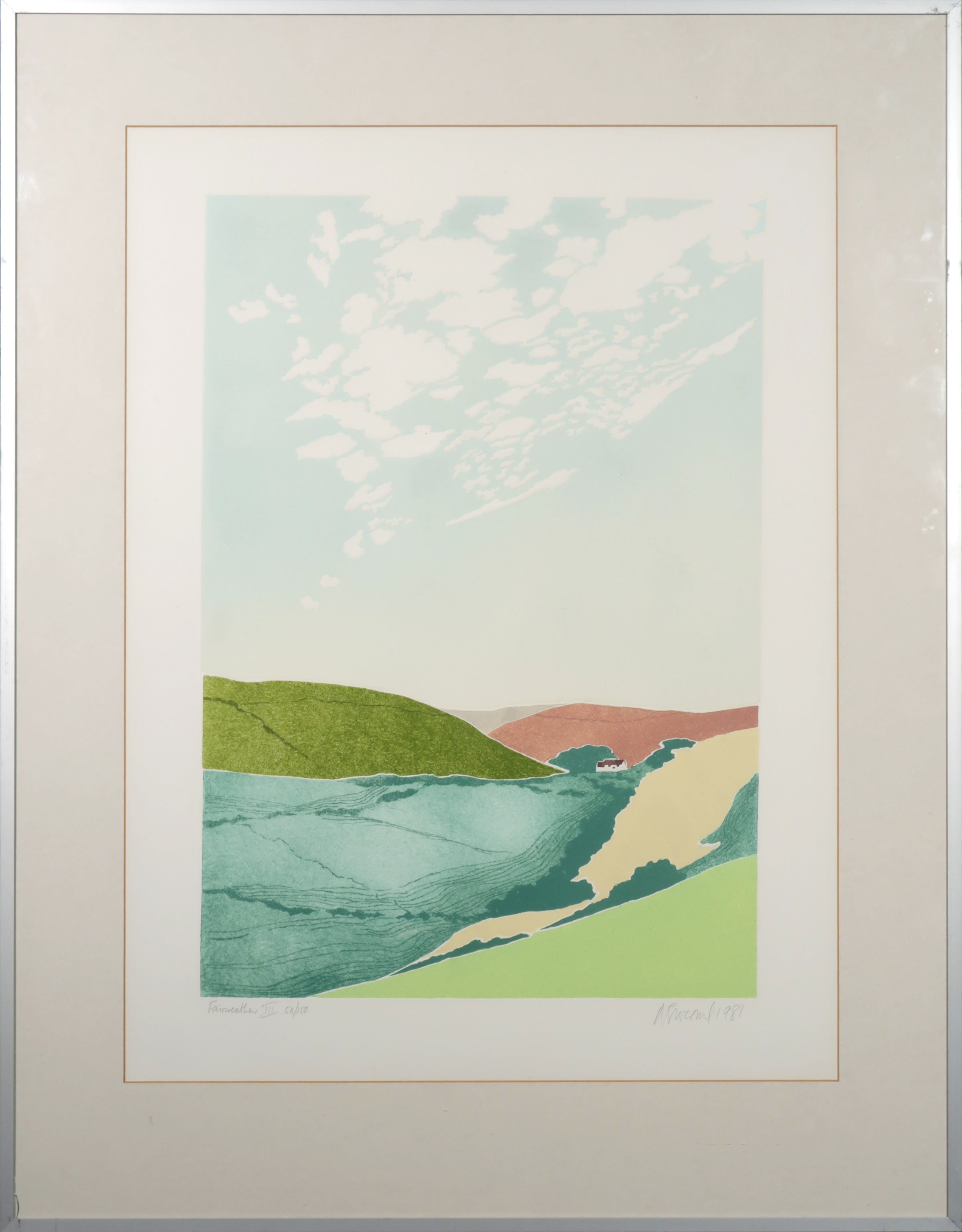 Barbara Newcomb - Kleurenlitho en blinddruk, Fairweather III - Ingelijst verkocht voor € 50!