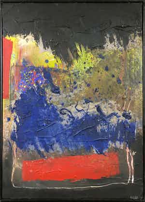 Frans Nicolai - Gemengde techniek op doek, Zwart, blauw en rood - Ingelijst verkocht voor € 120!