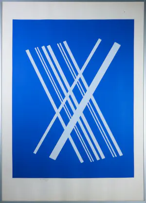 Willem Hussem - Zeefdruk, Compositie met gekruiste lijnen in blauw - Ingelijst kopen? Bied vanaf 140!