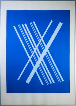 Willem Hussem - Zeefdruk, Compositie met gekruiste lijnen in blauw - Ingelijst kopen? Bied vanaf 140!