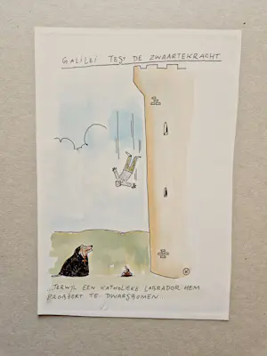Kamagurka - Originele gemengde techniek op papier "Galilei test de zwaartekracht" gesigneerd kopen? Bied vanaf 245!