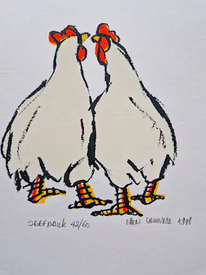 Ellen Meuwese - 2 leuke polychrome zeefdrukken "kippen" - kleine oplage (60) - potloodgesigneerd kopen? Bied vanaf 32!