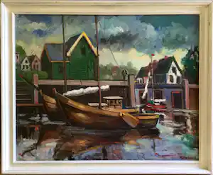 Siem Wardenaar - Haventje Noord-Holland | olieverfschilderij - ingelijst (Groot) verkocht voor € 300!