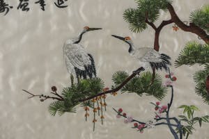 Niet of onleesbaar gesigneerd - Oosters borduursel op zijde, Twee kraanvogels - Ingelijst kopen? Bied vanaf 1!