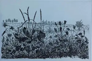 Willem Minderman - landschap met dorpje op achtergrond - 1975 kopen? Bied vanaf 45!