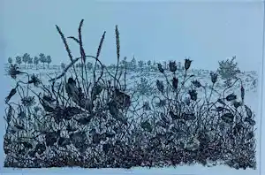 Willem Minderman - landschap met dorpje op achtergrond - 1975 kopen? Bied vanaf 45!