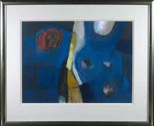 Jos Schimmer - Gouache op papier, Z.T. (Abstracte compositie met blauw) - Ingelijst (Groot) verkocht voor € 100!