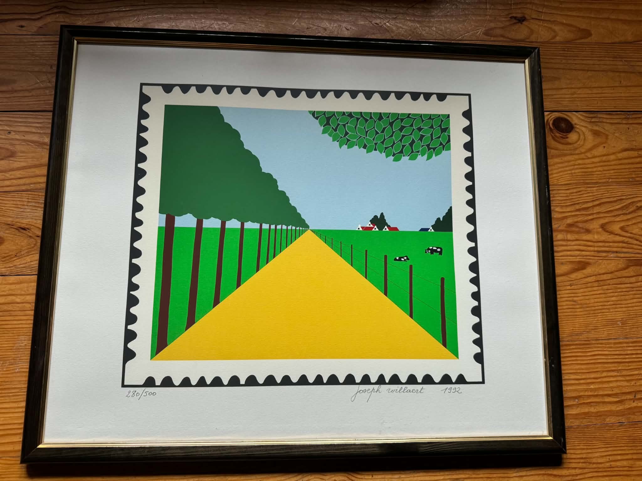 Joseph Willaert - Postzegel met landschap, Zeefdruk, Gesigneerd, 47x58 cm, 1992 kopen? Bied vanaf 120!