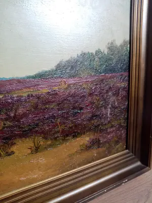 Niet of onleesbaar gesigneerd - Mooi olieverf schilderij van een landschap met een hutje op de hei kopen? Bied vanaf 1!