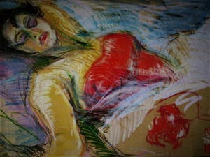 Gabriëlle Huig - Rietveld Acad. 1966 - Geweldig expressionistisch Pastel "Slapende Dame" GROOT!! kopen? Bied vanaf 10!
