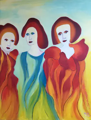 Maartje Wijngaarden - "drie vrouwen" | surrealistisch schilderij (Groot) kopen? Bied vanaf 115!