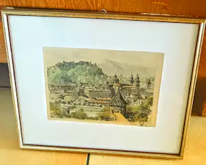 Hans Figura - Farbradierung auf Seide "Salzburg" im Rahmen (27 x 30 cm) sehr guter Zustand kopen? Bied vanaf 70!