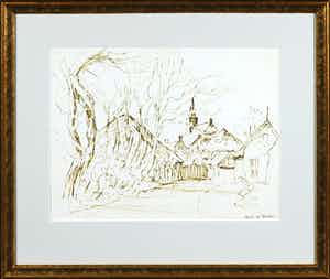 Ad Blok van der Velden - Tekening, De kerk van Den Burg (Texel) - Ingelijst verkocht voor € 160!
