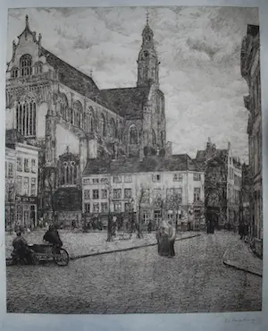 Gerrit Haverkamp - Antwerpen: Veemarkt met de St Pauluskerk - ets uit 1912 - fraai ingelijst kopen? Bied vanaf 65!
