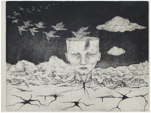 Madeleine Leddy - Ets, Titel, "Vogelvlucht". kopen? Bied vanaf 35!