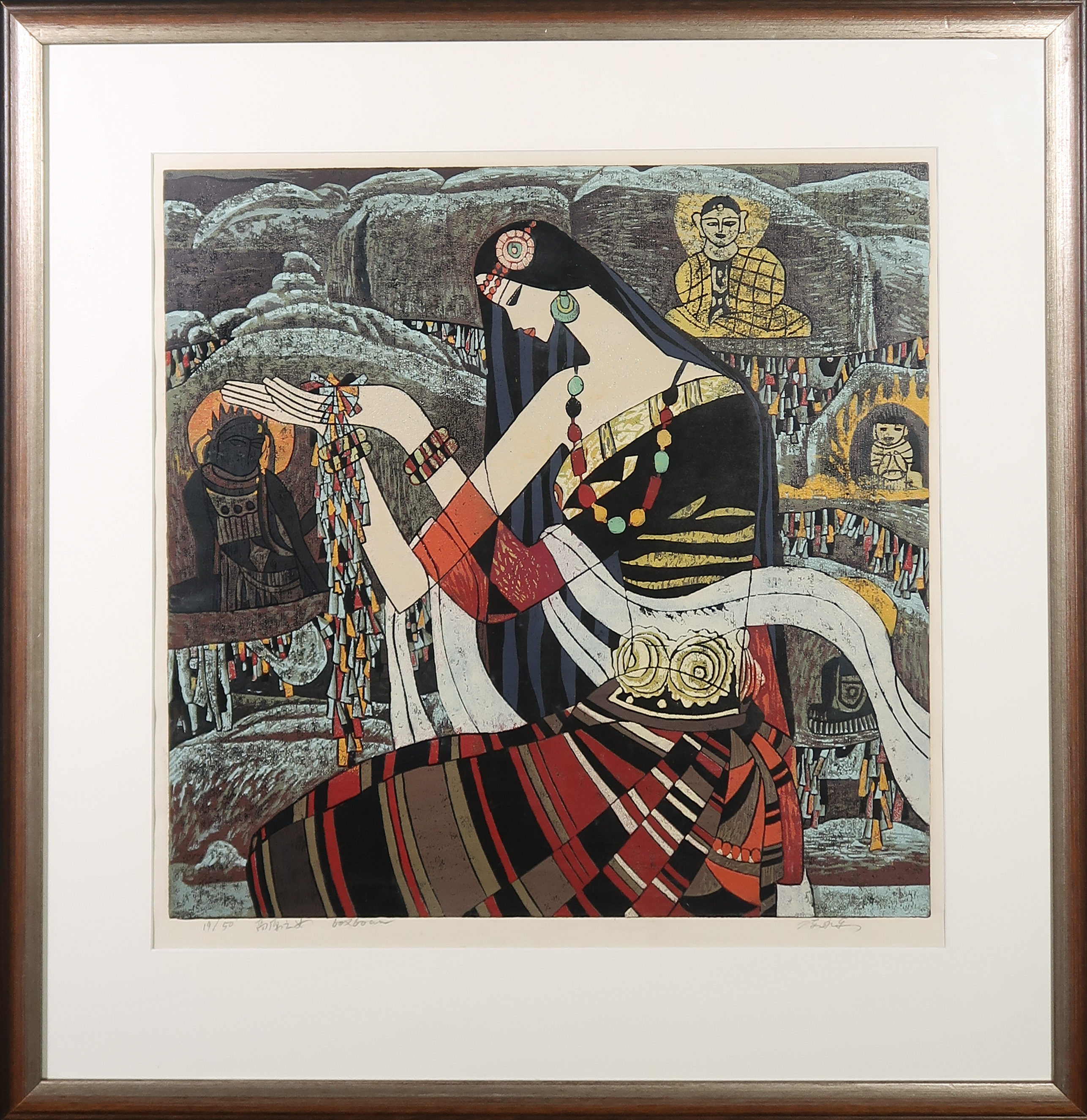 Hao Ping - Houtsnede, Chinese lady 2 - Ingelijst verkocht voor € 90!
