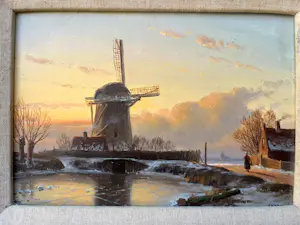 Anton Karssen - Winters landschap met vrouw op een pad bij een molen kopen? Bied vanaf 390!