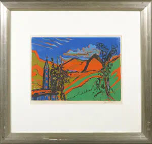 Jan Wiegers - Houtsnede, Landschap in blauw, rood en groen - Ingelijst kopen? Bied vanaf 200!
