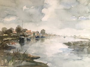 Jan Koning - Rivierlandschap - Aquarel, Ingelijst kopen? Bied vanaf 65!