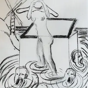 Hannes Postma - Grote in 2005 gemaakte houtskool tekening "Pandora's paddling" goed ingelijst kopen? Bied vanaf 58!