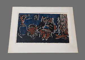 Wim Noordhoek - jaren 60 handgekleurde Linosnede "interieur met breiende vrouw" gesigneerd kopen? Bied vanaf 37!