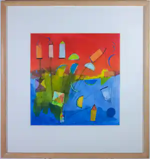 Susan Schildkamp - Acryl op papier, Vliegende huizen - Ingelijst kopen? Bied vanaf 50!