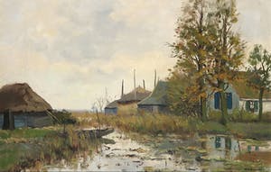 Niet of onleesbaar gesigneerd - Olieverf op doek, Landschap met boerenerf - Ingelijst kopen? Bied vanaf 10!