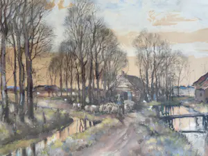 Herman Paradies - Landschap met boerderij, boer en schapen. kopen? Bied vanaf 520!