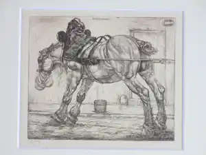 Pieter Dupont - Rustend trekpaard - Ets op zink verkocht voor € 77!