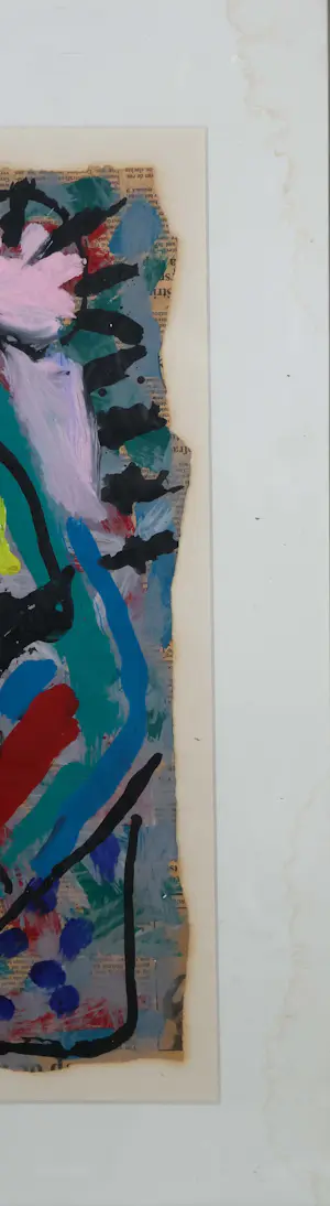 Bep Toscani - Gouache op krantenpapier, Gekleurde abstracte compositie - Ingelijst kopen? Bied vanaf 70!