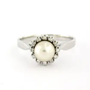 14k wit gouden ring bezet met parel en single cut geslepen diamanten tot. 0.05ct kopen? Bied vanaf 310!