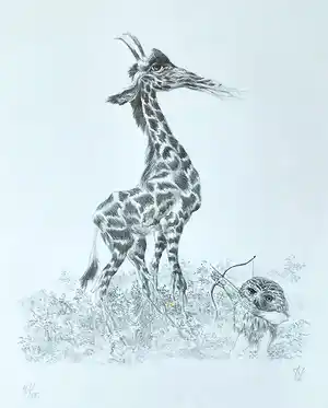 Peter Vos - De ontdekking van de giraffe, litho verkocht voor € 45!