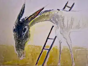 Dick Fluitsma - grote gemengde techniek op papier - ezel en ladder - 1990 - gesigneerd kopen? Bied vanaf 39!
