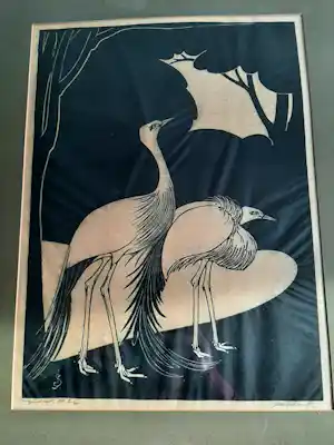 Jan Schonk - Houtsnede, Titel, " JAPANSE KRAANVOGELS ". verkocht voor € 70!