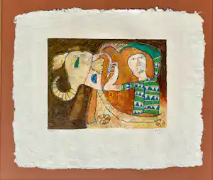 Shahid Parvez - (1970) – “Rode Olifant” – gesigneerde kleurenzeefdruk (151/500) – ingelijst verkocht voor € 35!