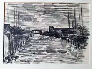 Hugo Liebe - Krijttekening, Haventje te Rijpwetering bij avond. kopen? Bied vanaf 20!