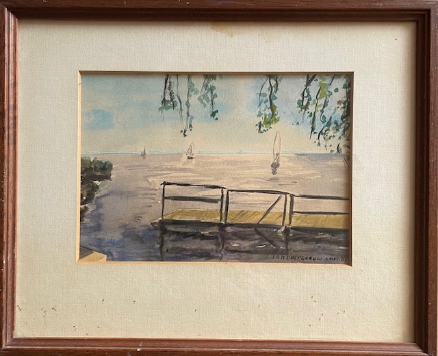 Jan Delfgaauw - Riviergezicht met zeilboten en steiger - Aquarel kopen? Bied vanaf 49!