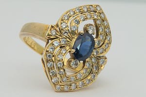 1237 - 14 krt goud & diamanten ring - grote 0.65ct diep-blauwe saffier! kopen? Bied vanaf 360!