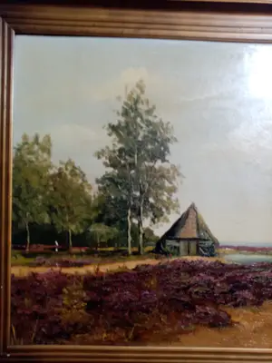 Niet of onleesbaar gesigneerd - Mooi olieverf schilderij van een landschap met een hutje op de hei kopen? Bied vanaf 1!