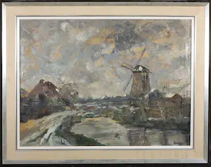 Niet of onleesbaar gesigneerd - Olieverf op doek, Hollands landschap met molen - Ingelijst kopen? Bied vanaf 1!