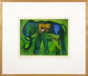 Shahid Parvez - Zeefdruk, Groene olifant - Ingelijst verkocht voor € 35!