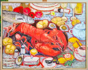 Tanja Koelemij - serie stillevens vis, krab, kreeft en mosselen verkocht voor € 187!