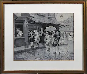 Niet of onleesbaar gesigneerd - Vrolijk tafereel gedrukt op zijde kopen? Bied vanaf 1!