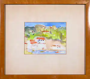 Theo Swagemakers - Aquarel, Havengezicht - Ingelijst verkocht voor € 50!