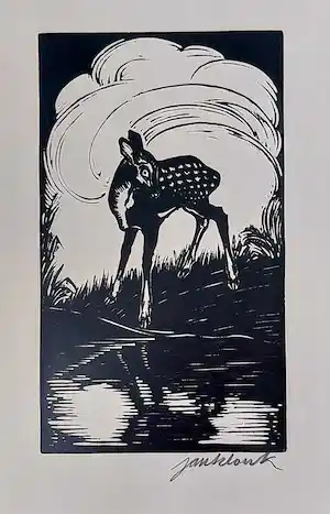 Jan Schonk - Hout/linosnede "Hertje" verkocht voor € 65!