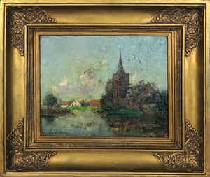 Jan Simon Knikker (sr.) - Olieverf op marouflé, Kerkgezicht - Ingelijst verkocht voor € 90!