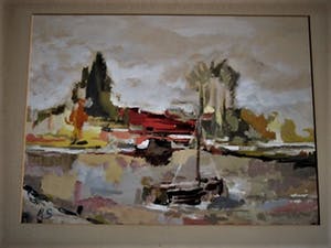 Niet of onleesbaar gesigneerd - GROTE impressionistische Gouache "Hollands polderlandschap met boot" monogram RS kopen? Bied vanaf 10!