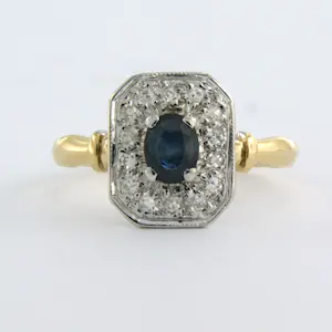 18k bicolor gouden ring met saffier en single cut geslepen diamanten tot. 0.14ct kopen? Bied vanaf 200!